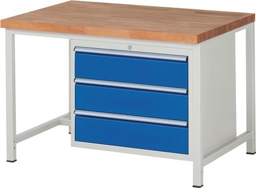 Werkbank Classic B1250xT900xH840mm Buche massiv grau blau 3 Gr.XL Schubl.RAU || VE = 1 ST