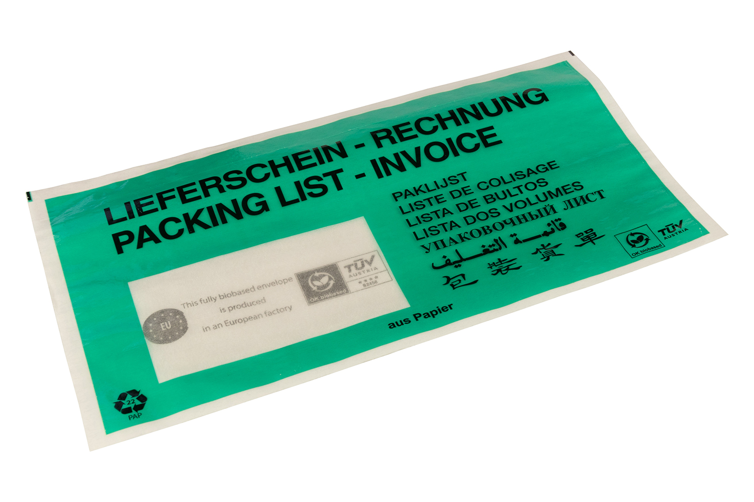Umweltfreundliche Dokumententasche, 100 % Papier, grün | 240 x 131 mm (Offene Seite x L) Druck Liefersch./Rechnung | VE = 1000 Stk.