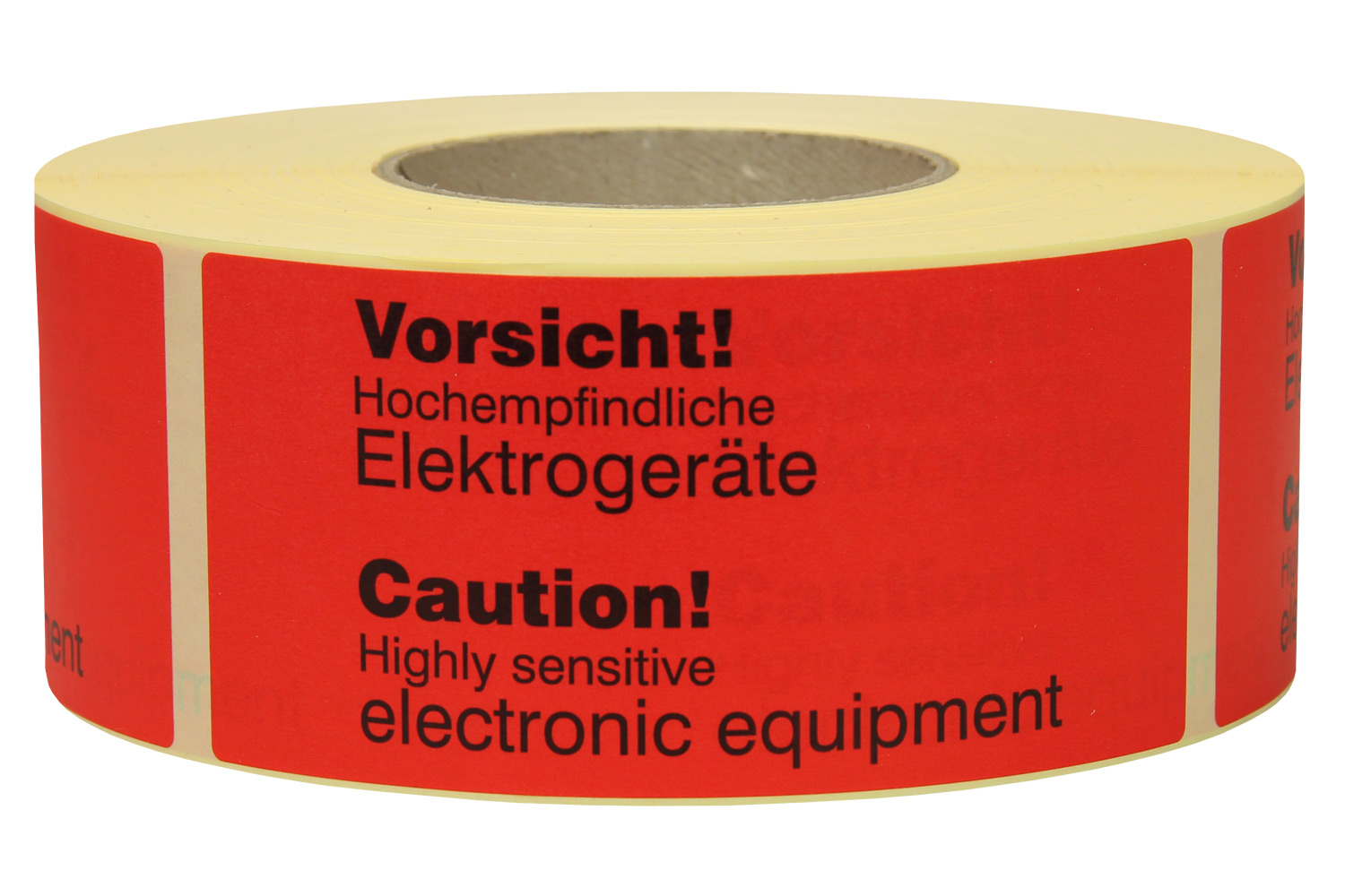 Warnetiketten aus Papier, rot, "Vorsicht! Hochempfindliche Elektrogeräte" dt./engl. | 145 x 70 mm (L x B) | 