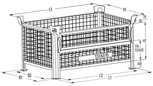 Gitterbehälter m.1/2 Klappe 4000kg L1200xB1000xH600mm lack.mausgrau || VE = 1 ST