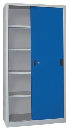 Schiebetürenschrank H1950xB1000xT500mm lichtgrau/enzianblau 4Fbd.Vollblechtüren || VE = 1 ST