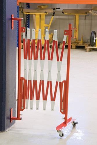 Scherengitter L4000xH1000mm m.Wandhalterung u.Rollenfuß rot/weiß || VE = 1 ST