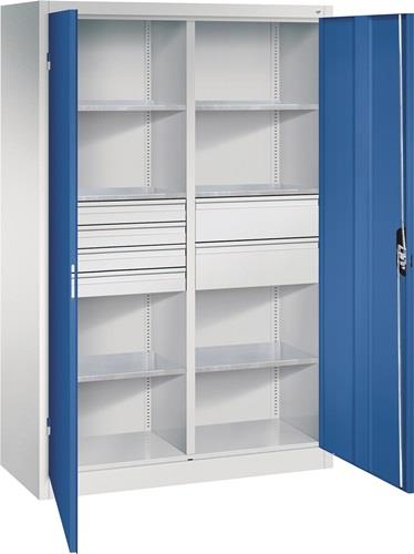 Flügeltürenschrank H1950xB1200xT500mm lichtgrau/enzianblau 6 BD 6 Schubl.C+P || VE = 1 ST