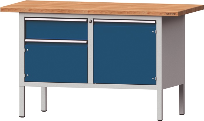Werkbank B1500xT700xH890mm Buche massiv lichtgrau/blau 1Schubl.2Türen TECWERK