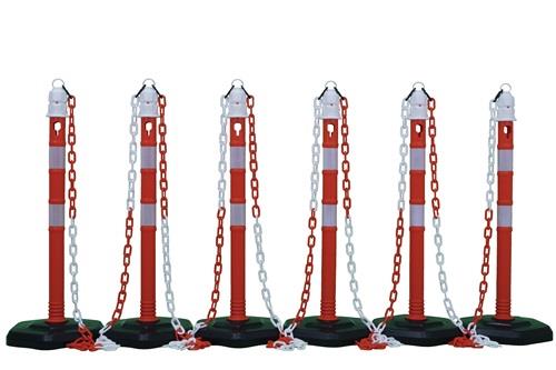 Sperrpfostenset PPC rot/weiß m.Sechskantfuß D63xH1000mm 6 Pfosten u.5 Ketten || VE = 1 ST