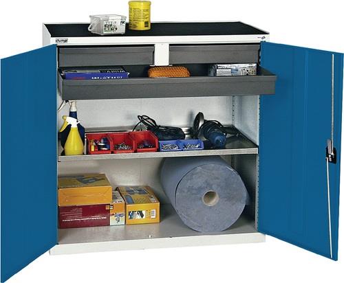 Werkzeug-/Beistellschrank H1000xB1000xT500mm 3Schubl.,1BD lichtgrau/enzianblau || VE = 1 ST