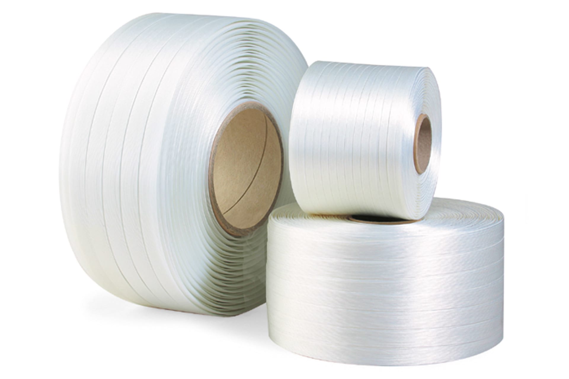 Polyesterband, fadenverstärkt, 19mm breitx500lfm, weiß, Reißfestigkeit 725kp, Kerndurchm. 76mm