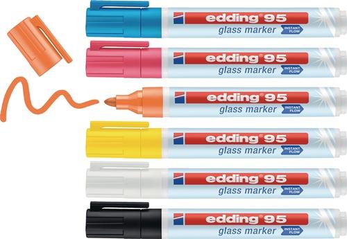 Glasmarker 95 schwarz/weiß/gelb/orange/pink/hellblau Strich-B.1,5-3mm Rundspitze || VE = 1 ST