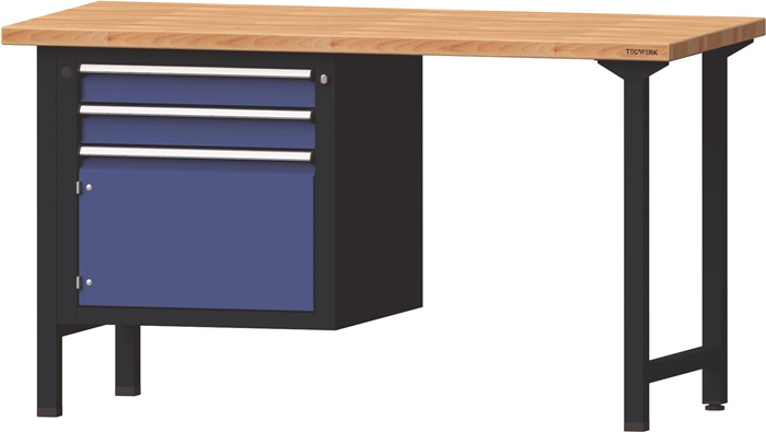Werkbank B1500xT700xH840mm Buche massiv grau/taubenblau,NCS 2Schubl.1Tür TECWERK