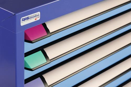 Schubladenschrank H1000xB805xT695mm anthrazitgrau/taubenblau Vollauszug 9Schubl. || VE = 1 ST