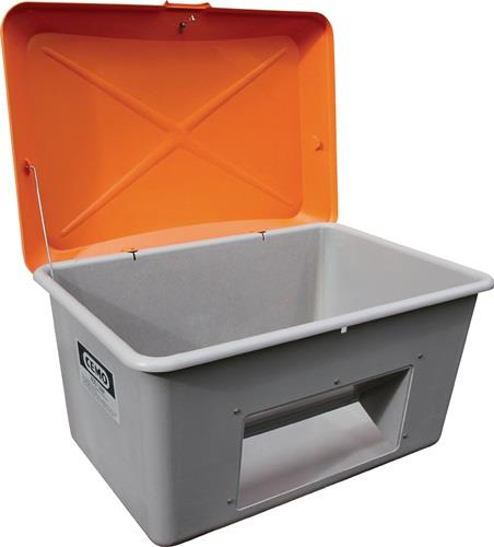 Streugutbehälter L1210xB820xH670mm 400l GFK grau/orange m.Entnahmeöffnung CEMO || VE = 1 ST