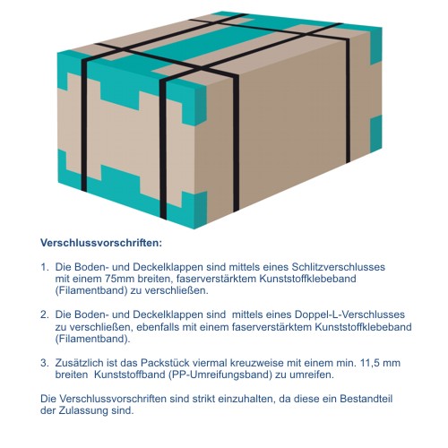 Gefahrgutkarton 2-wellig, braun, Inhalt 90 l, Qual. 2.91 | 570 x 370 x 430 mm (L x B x H) Innenmaß | VE = 10 Stk.