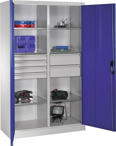 Flügeltürenschrank H1950xB1200xT500mm lichtgrau/enzianblau 6 BD 6 Schubl.C+P || VE = 1 ST