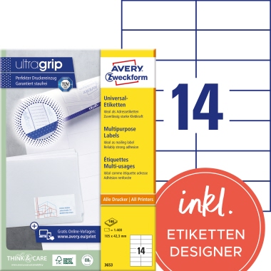 Avery Zweckform Universaletikett 3653 105x42,3mm ws 1.400 St./Pack.