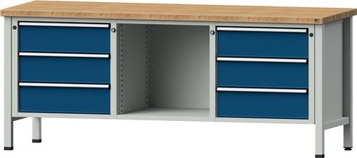Werkbank V B2000xT700xH890mm Universalplatte grau blau 6Schubl.offenes Fach ANKE || VE = 1 ST